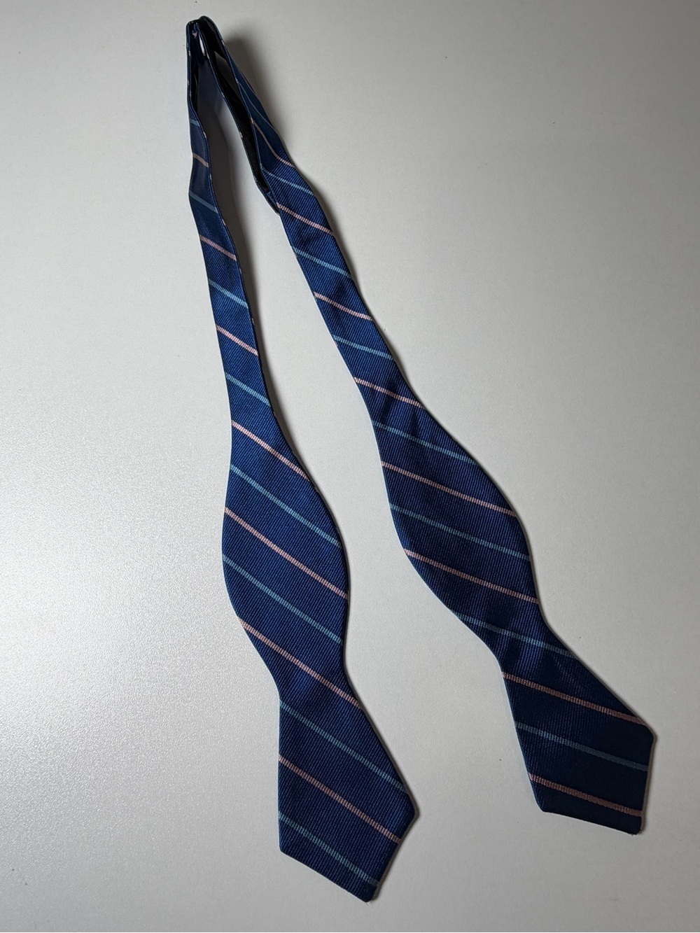 J. Crew Hand Made in USA 100% Silk Navy Blue Striped Adjustable Bow Tie Classic